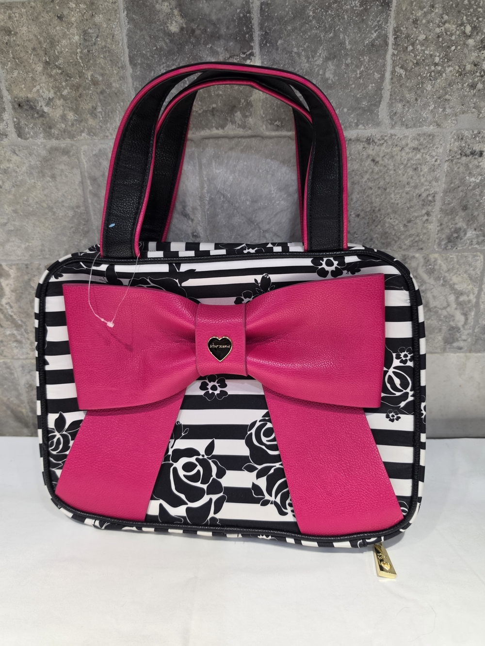 Betsey Johnson Black & White Striped Cosmetic Bag with Hot Pink Bow New No Tags